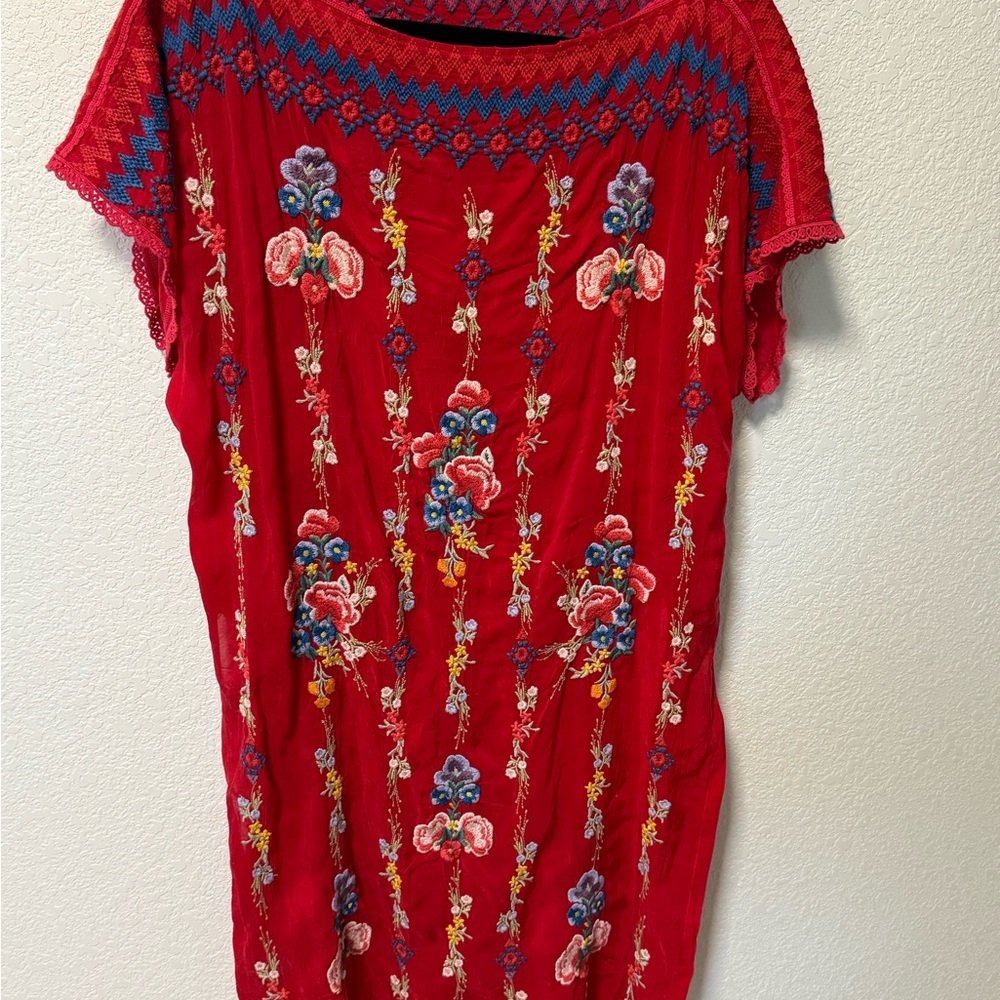 Johnny Was Red and Blue Embroidered tunic top